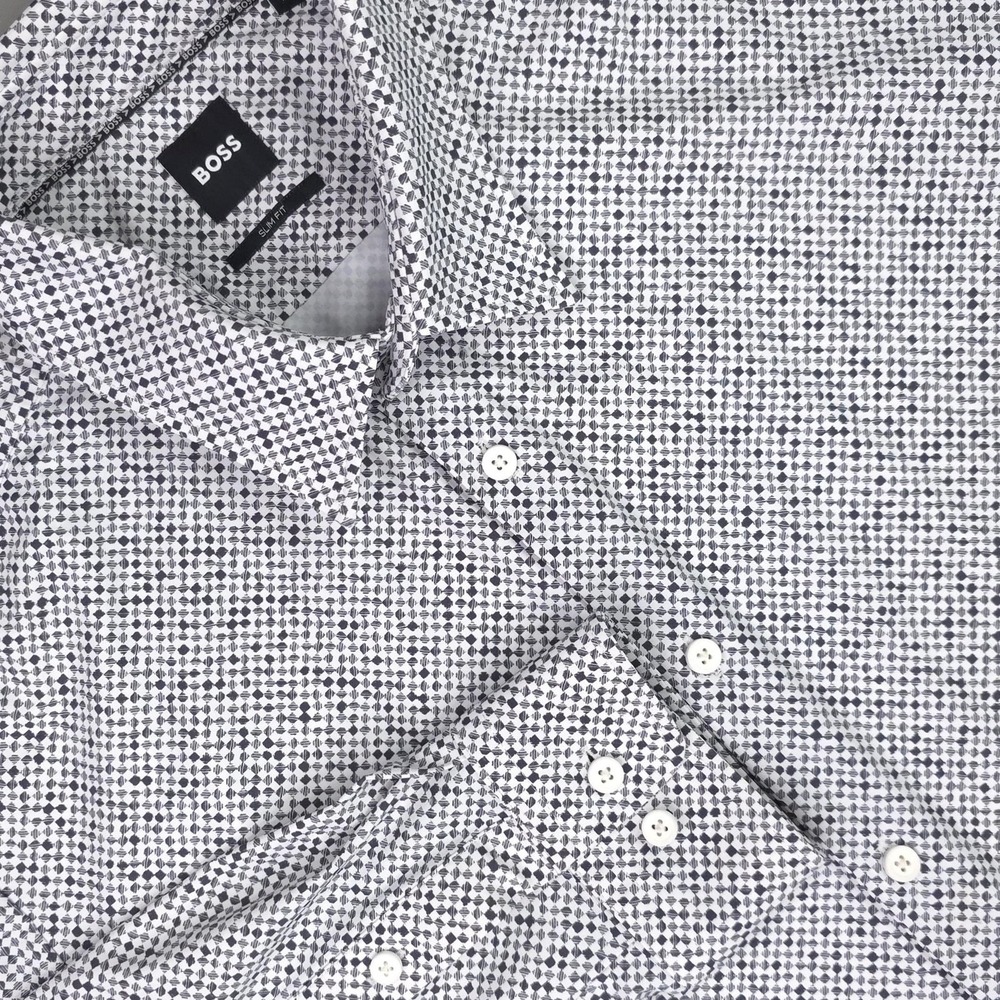 Hugo Boss Shirt Mens XL White Geometric Print Roan Slim Stretch Long Sleeve